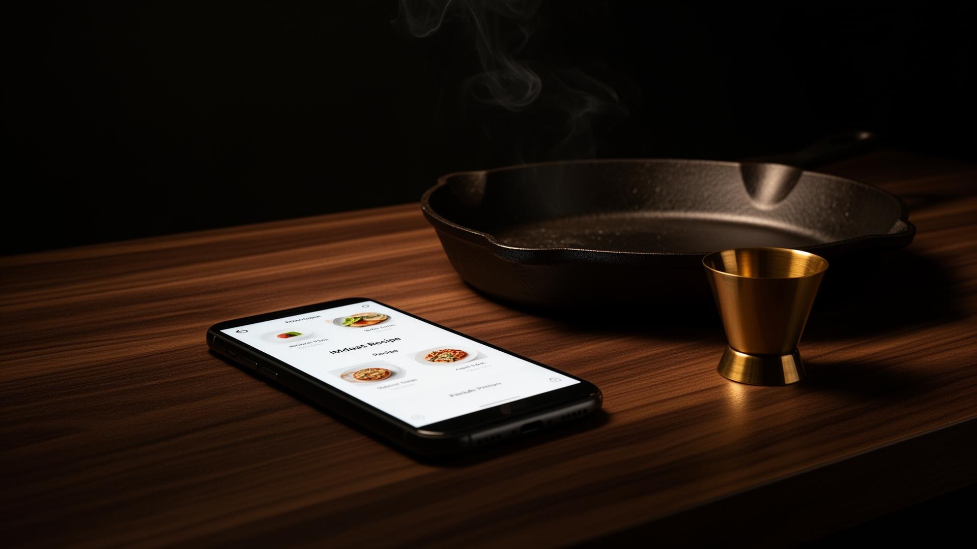 A phone showing a minimal recipe interface beside a cast iron skillet