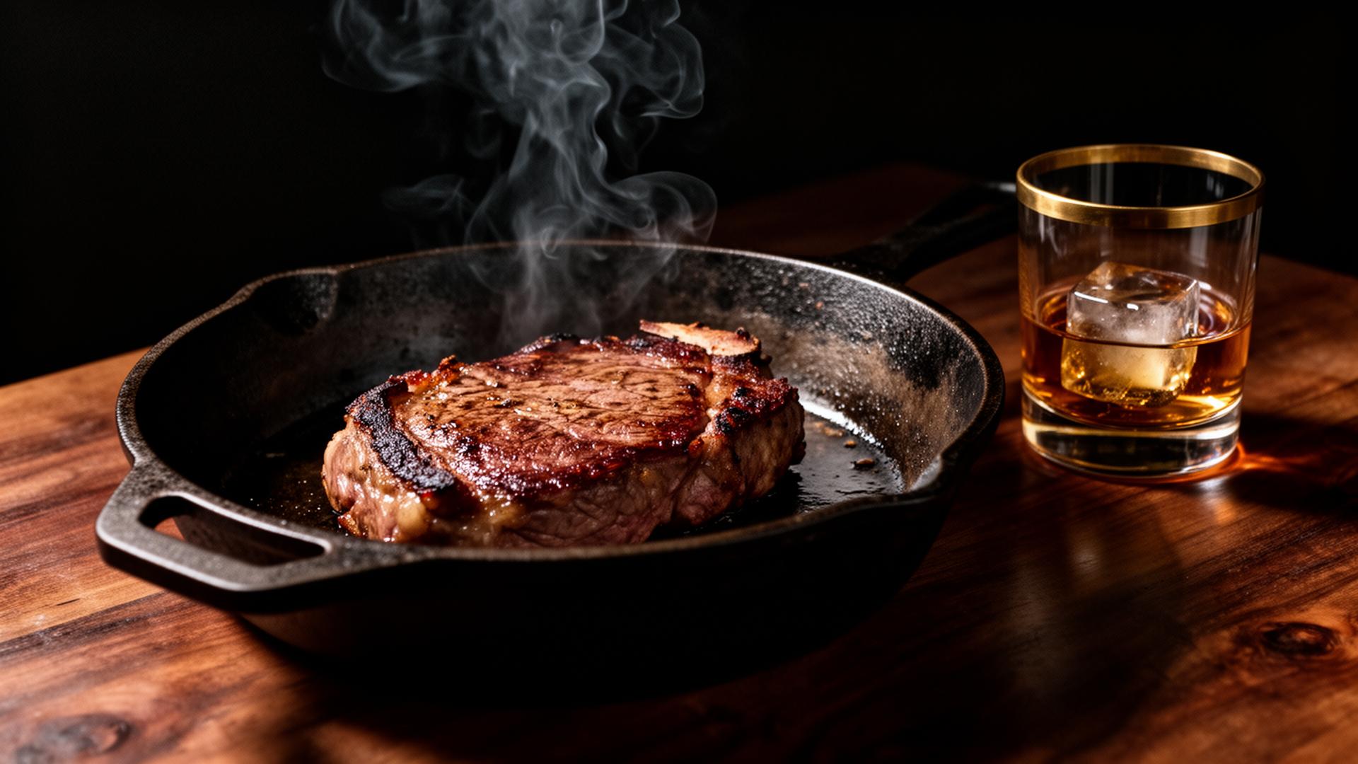 Cast iron skillet with a seared steak and a glass of bourbon on dark walnut